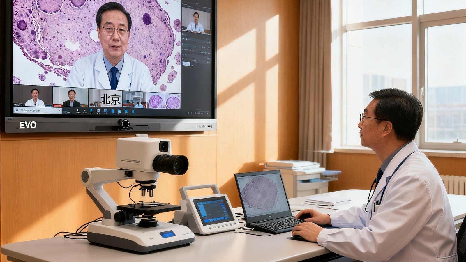 博雅医疗集团远程会诊中心实景照片，医生通过EVO视讯系统与北京专家进行4K高清视频会诊，大屏幕上清晰显示病理切片图像。