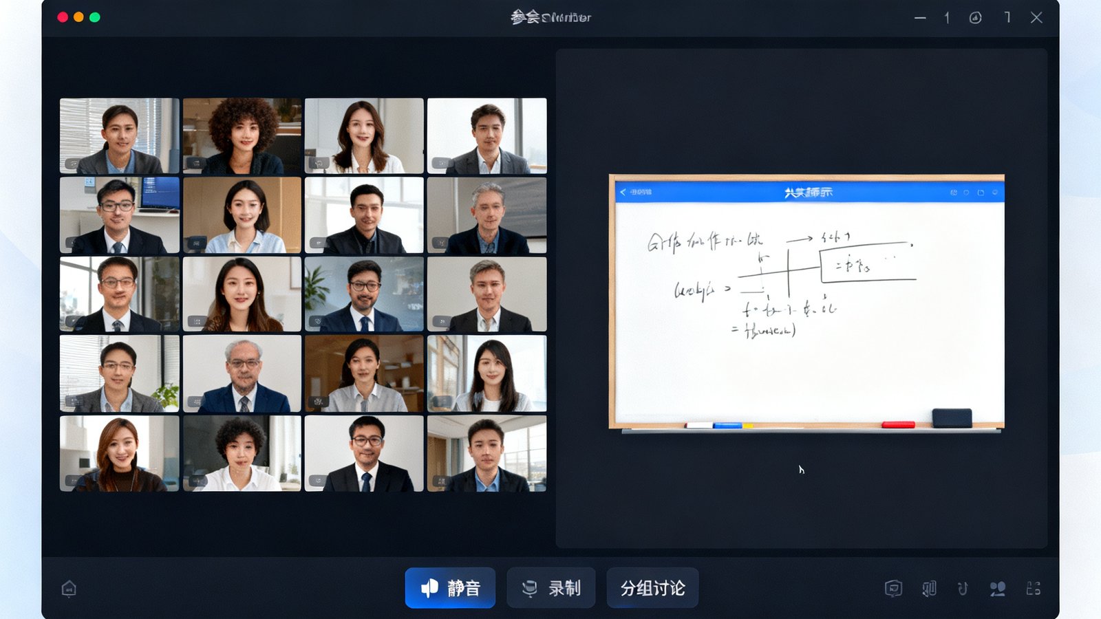 EVO视讯平台会议控制面板的网页端界面截图，左侧为参会者视频墙网格布局，右侧为共享屏幕区域与协作白板，底部工具栏包含静音、录制、分组讨论等功能按钮，整体采用深色主题设计。